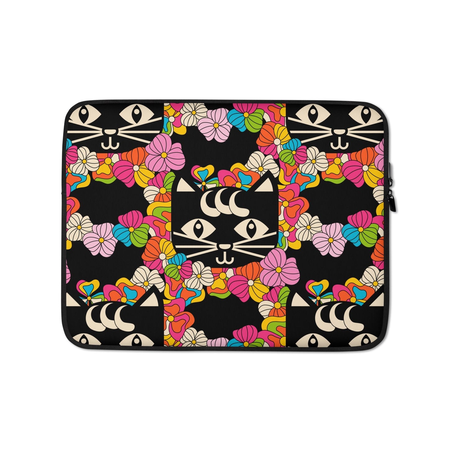 Laptop sleeve - MAGICAT black - Black cats and flowers print 13″