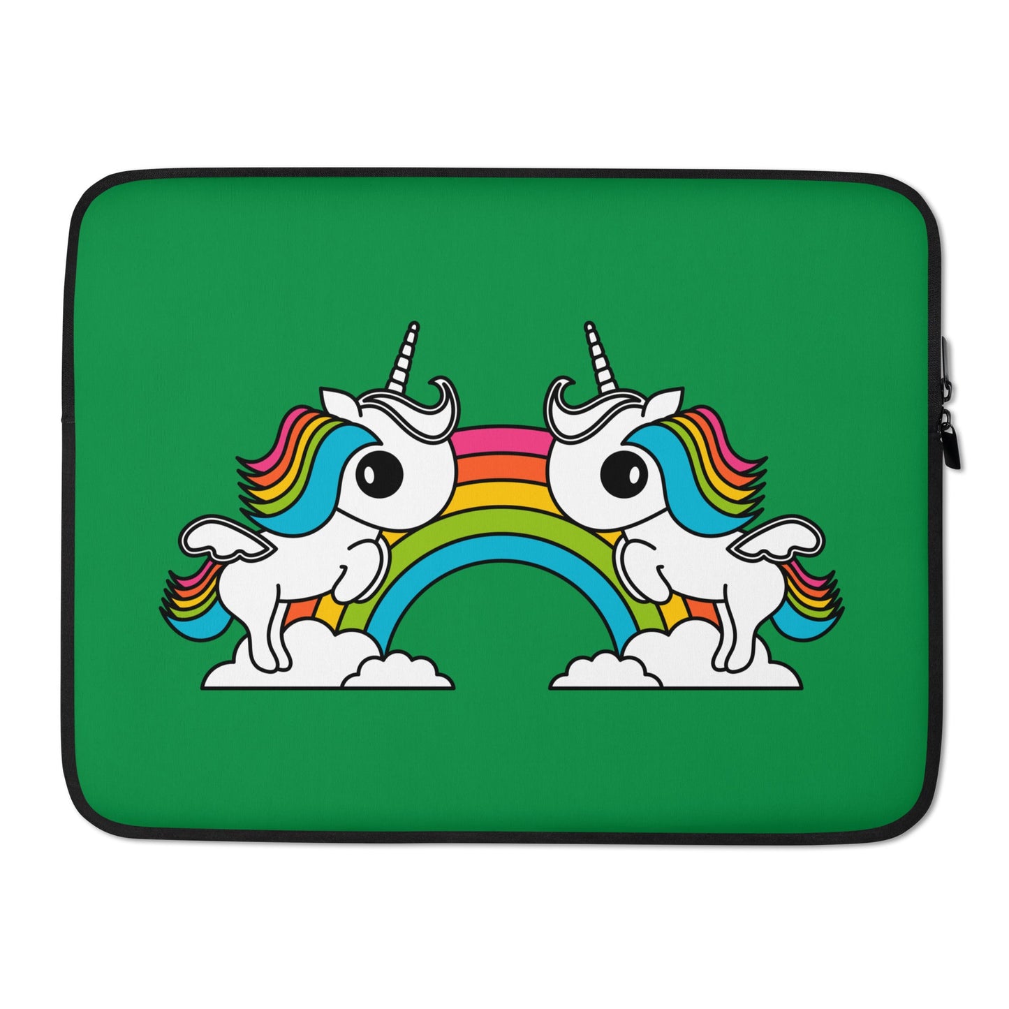Laptop sleeve - UNIQUE green - Unicorns and rainbows print 15″