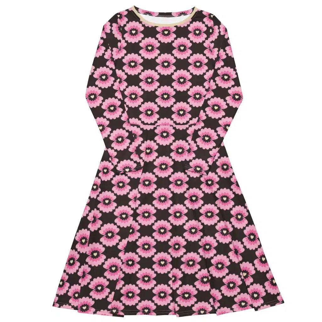 Midi dress - LOVE PEARL pink brown - Pearls and hearts print