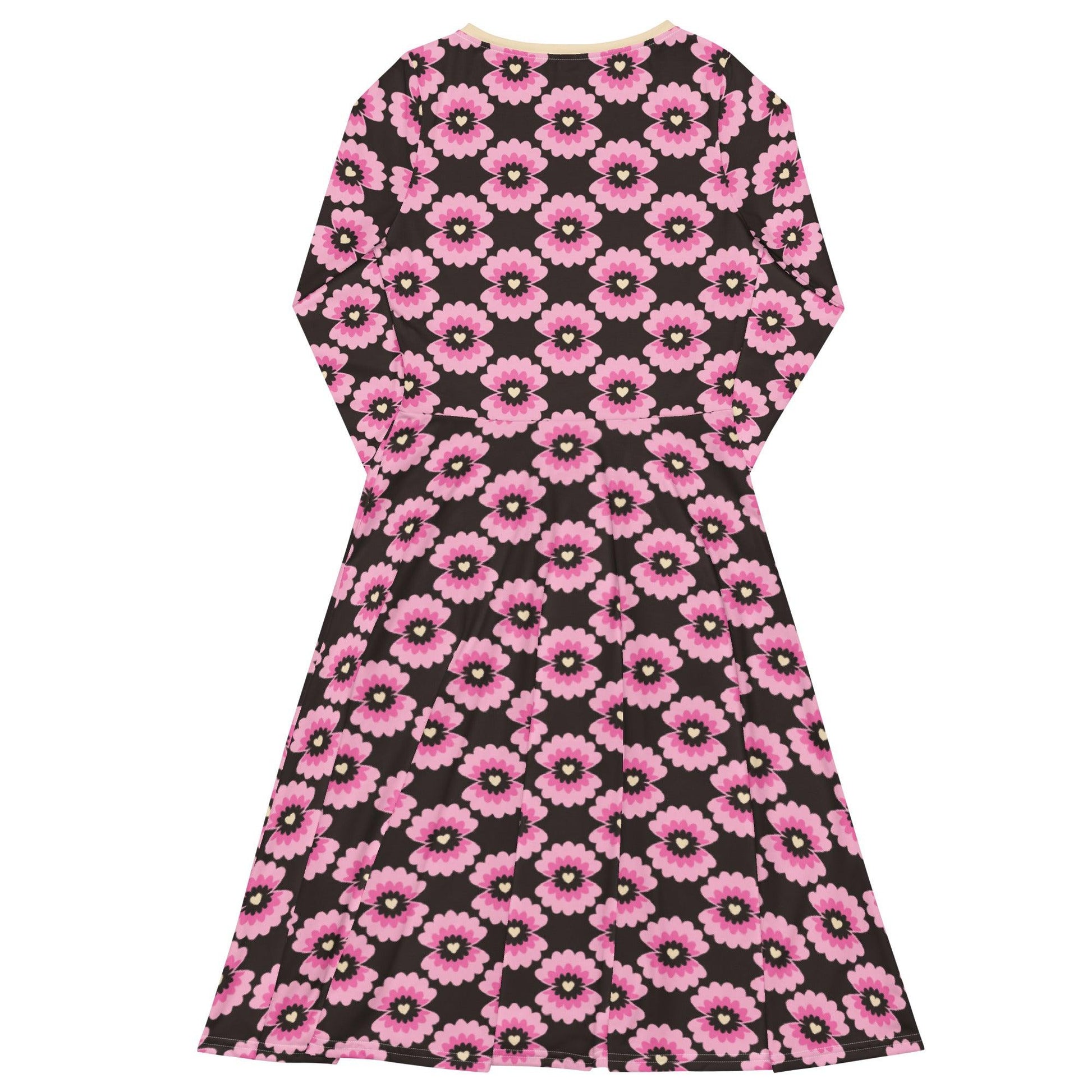Midi dress - LOVE PEARL pink brown - Pearls and hearts print