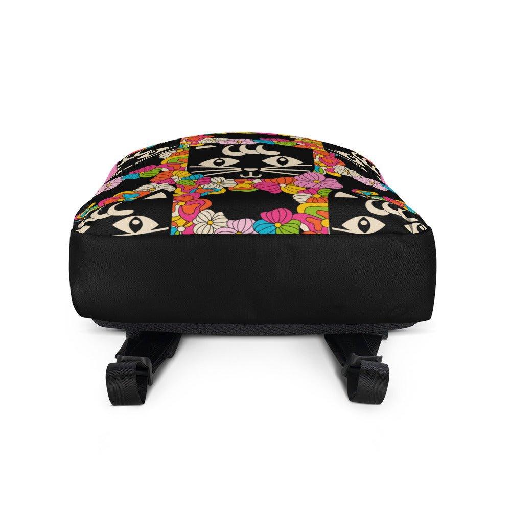Backpack - MAGICAT black - Black cats and flowers print
