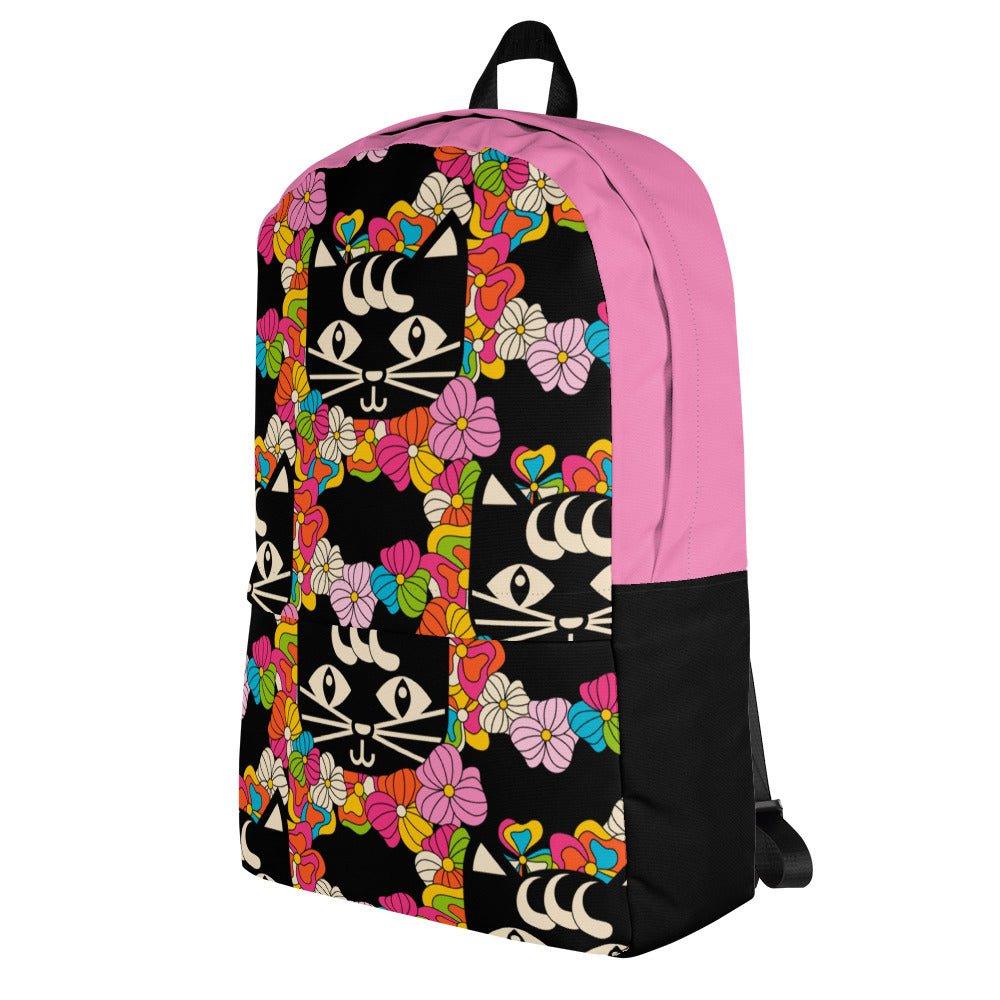 Backpack - MAGICAT black - Black cats and flowers print
