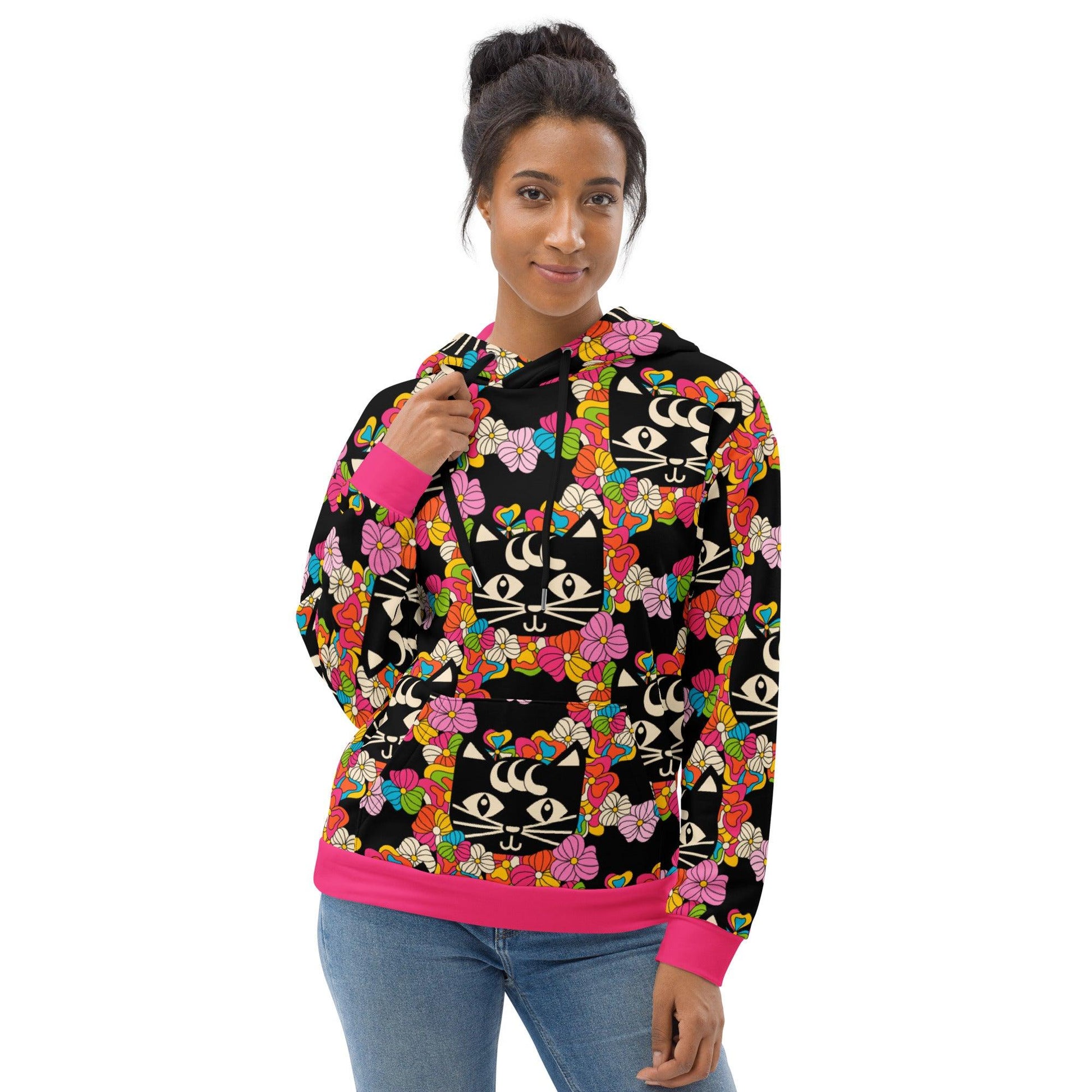 Hoodie - MAGICAT black - Black cats and flowers print 6XL