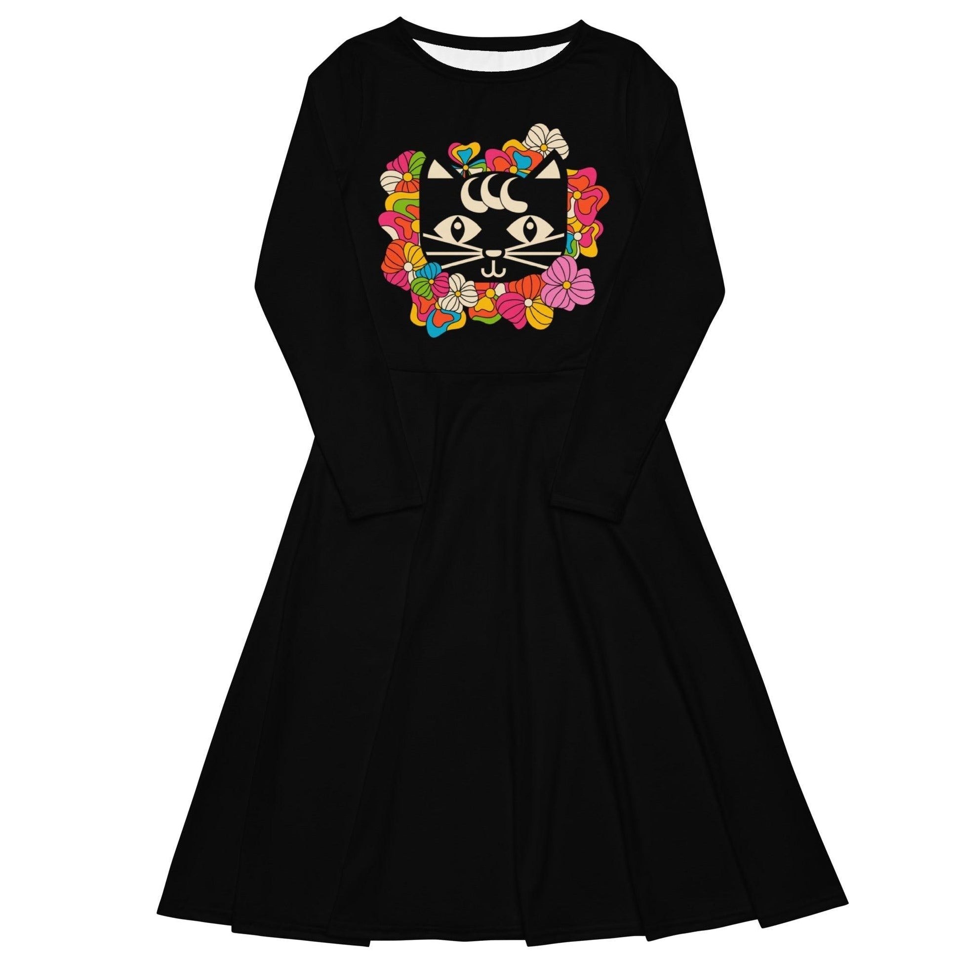 Midi dress - MAGICAT black (cat) - Black cats and flowers print
