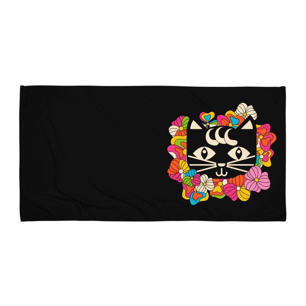 Towel - MAGICAT black (just cat) - Black cats and flowers print