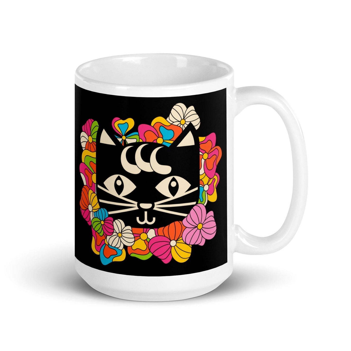 Mug - MAGICAT black - Black cats and flowers print 15oz