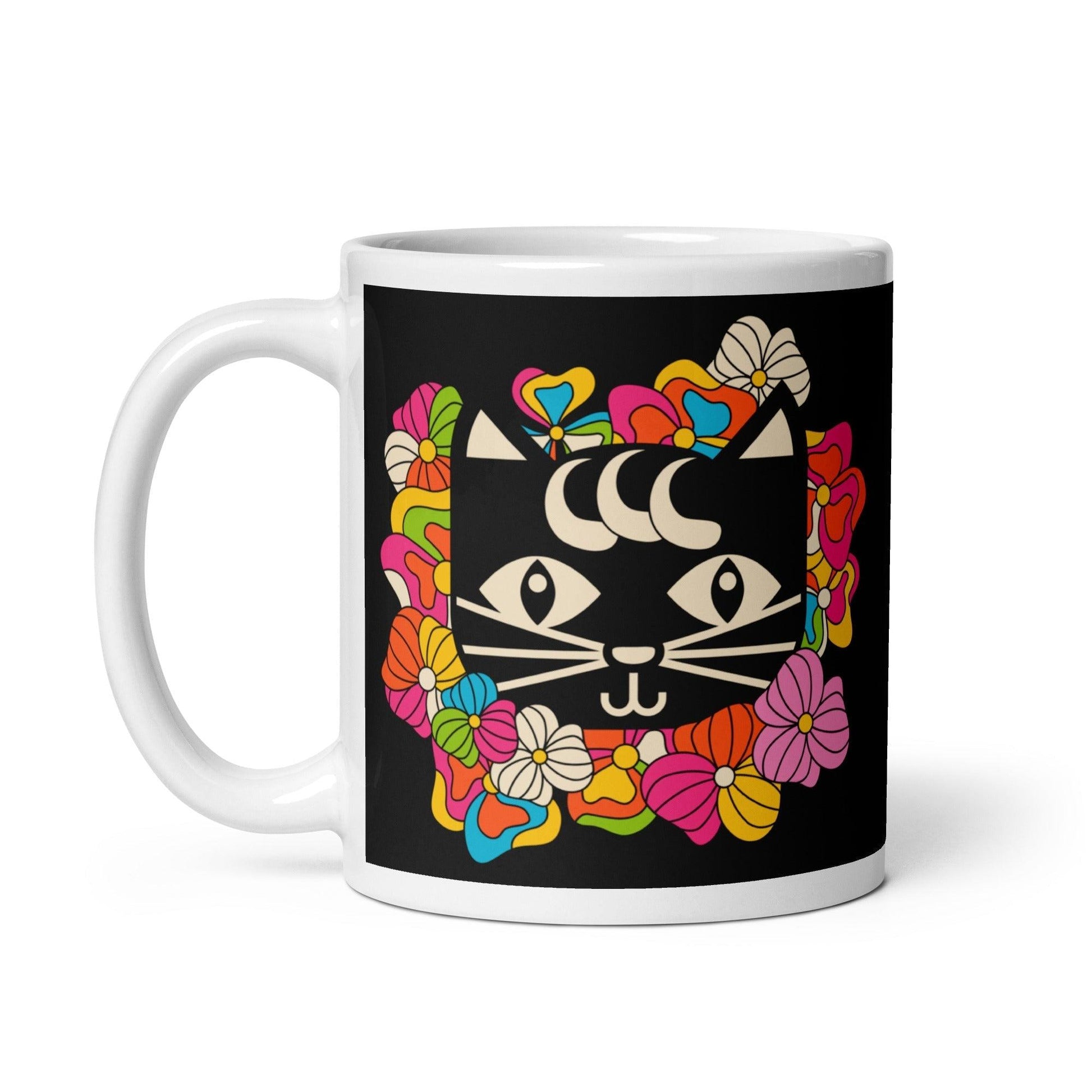 Mug - MAGICAT black - Black cats and flowers print