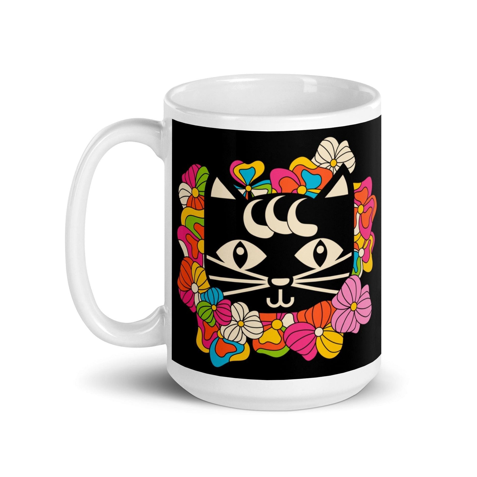 Mug - MAGICAT black - Black cats and flowers print