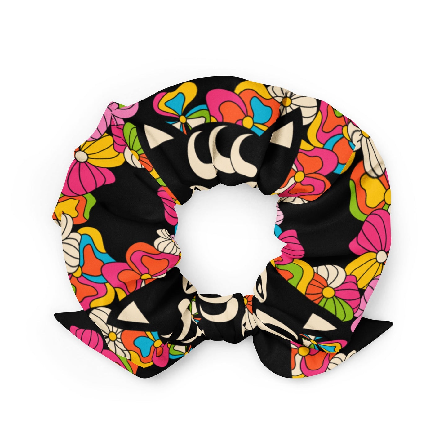 Scrunchie - MAGICAT black - Black cats and flowers print