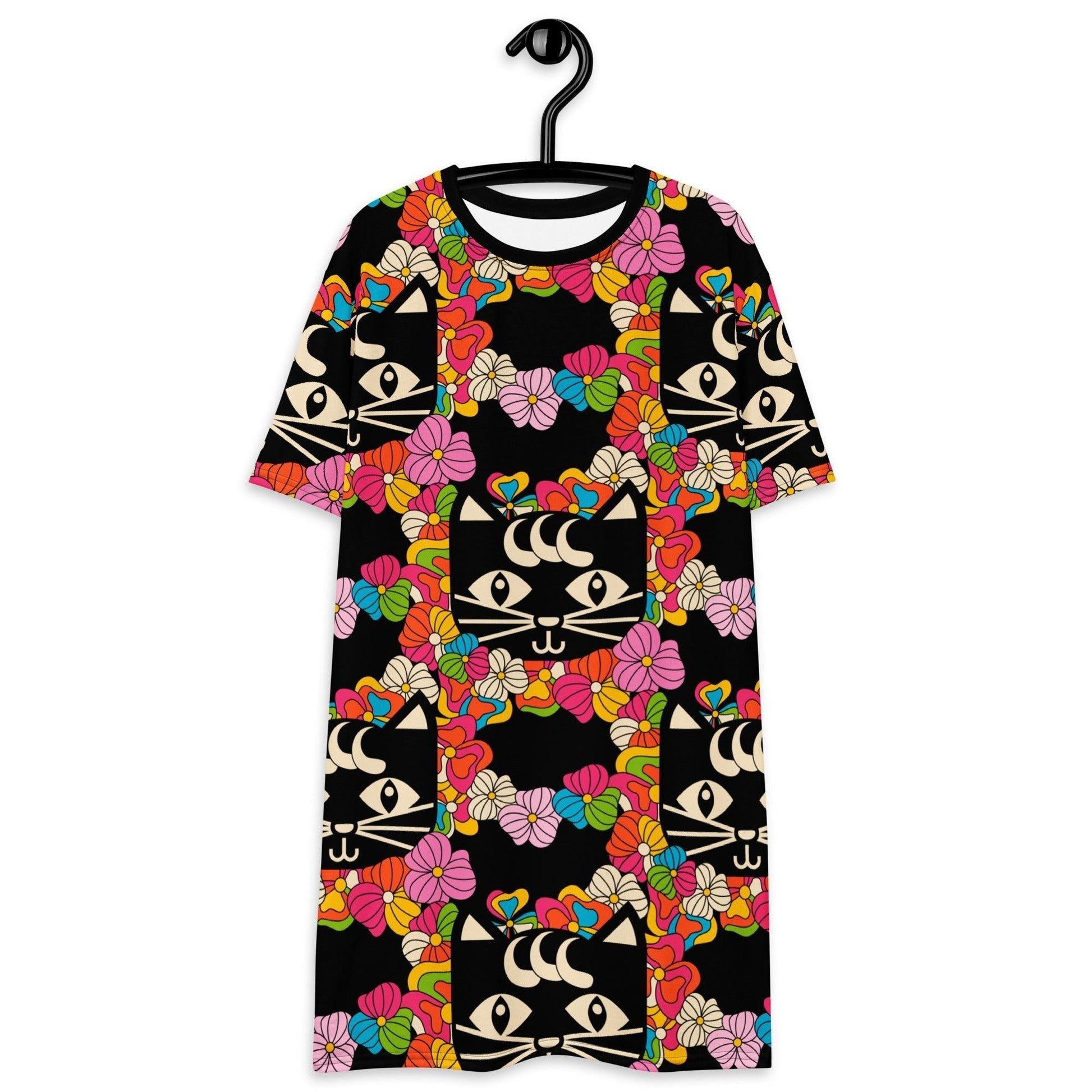 T-shirt dress - MAGICAT black - Black cats and flowers print 6XL
