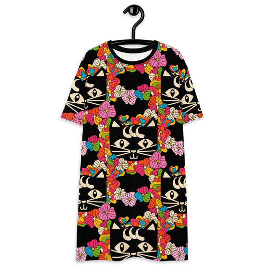 T-shirt dress - MAGICAT black - Black cats and flowers print 6XL