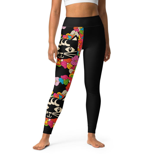 Yoga leggings - MAGICAT black - Black cats and flowers print XL