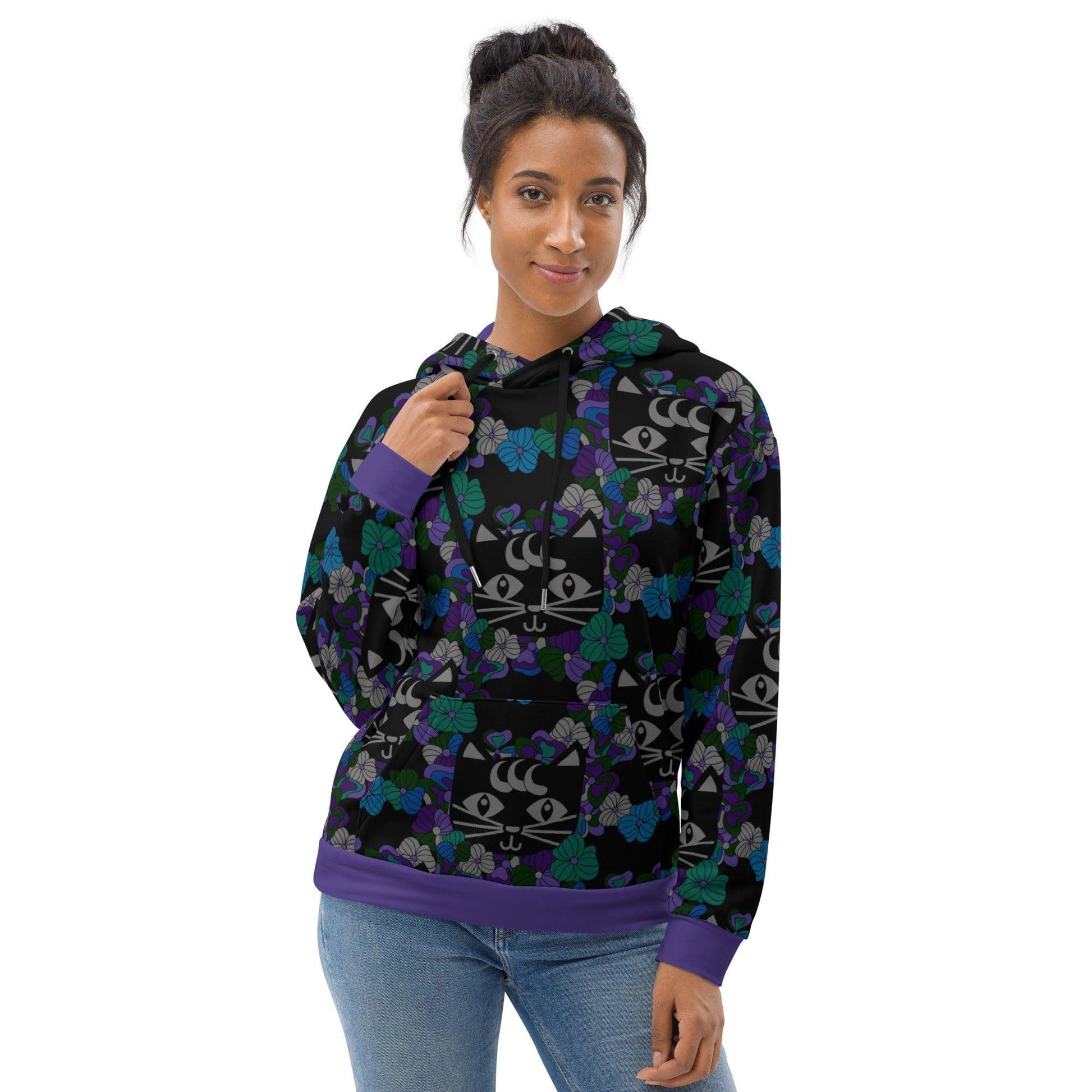 Hoodie - MAGICAT mystic - Black cats and flowers print
