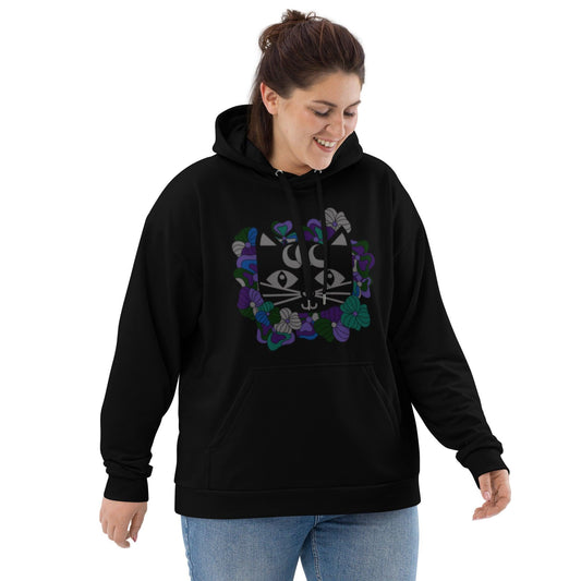 Hoodie - MAGICAT mystic (just cat) - Black cats and flowers print