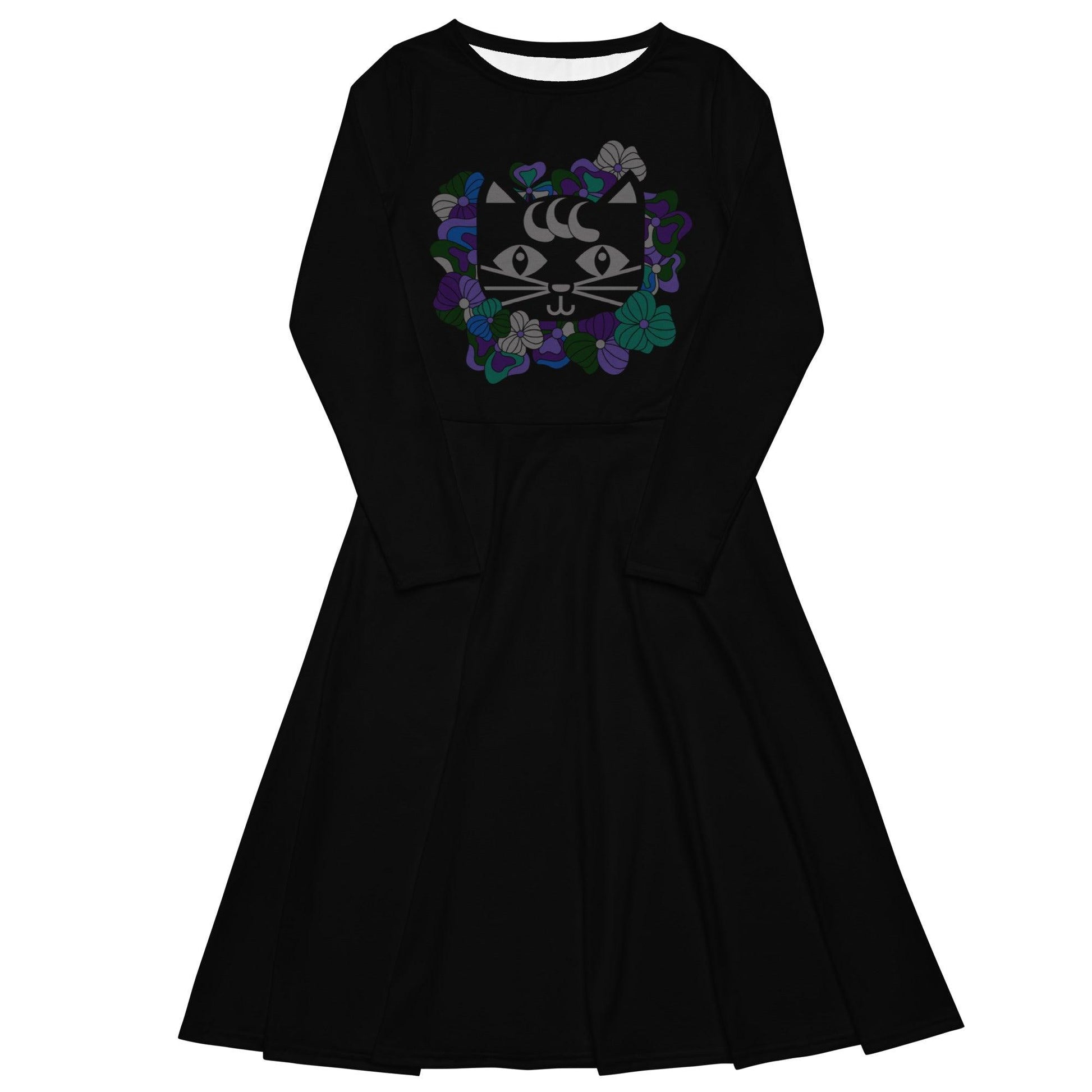 Midi dress - MAGICAT mystic (cat) - Black cats and flowers print 6XL