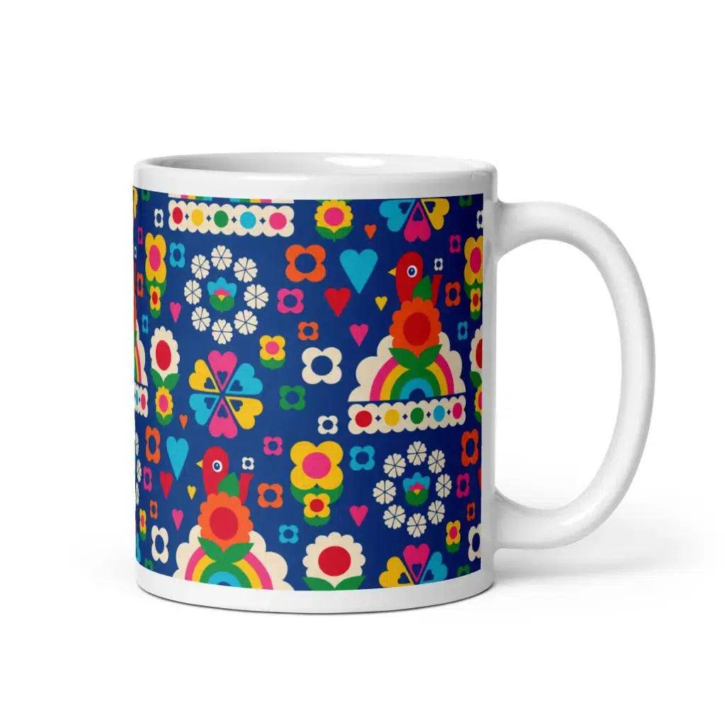 Mug - OLD BIRDIE blue - Retro Birds, flowers & rainbows