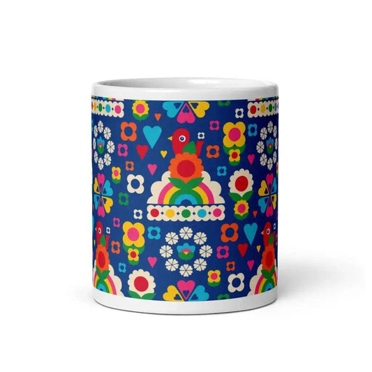 Mug - OLD BIRDIE blue - Retro Birds, flowers & rainbows