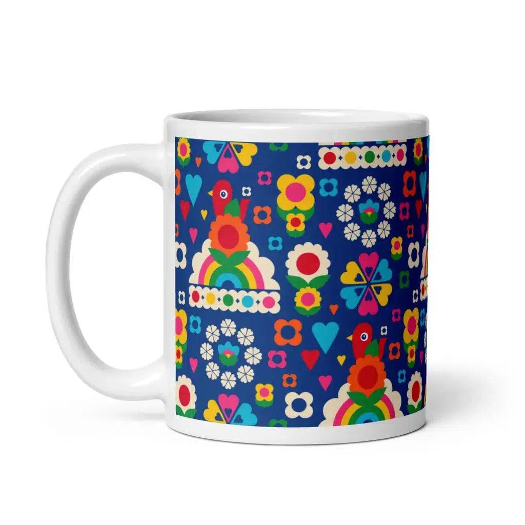 Mug - OLD BIRDIE blue - Retro Birds, flowers & rainbows 11oz