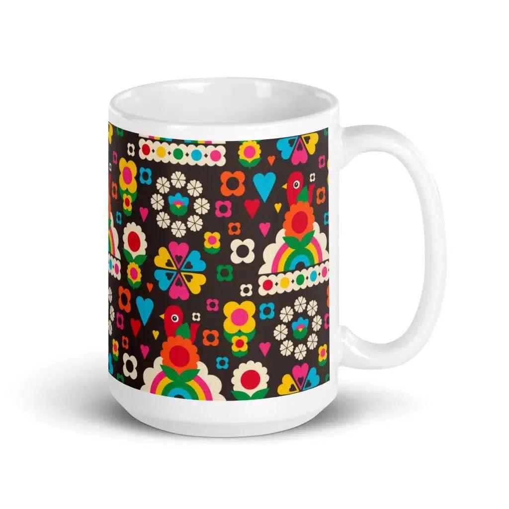 Mug - OLD BIRDIE brown - Retro Birds, flowers & rainbows 15oz