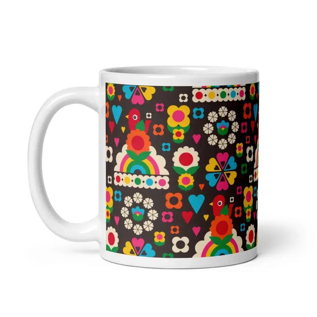 Mug - OLD BIRDIE brown - Retro Birds, flowers & rainbows 11oz