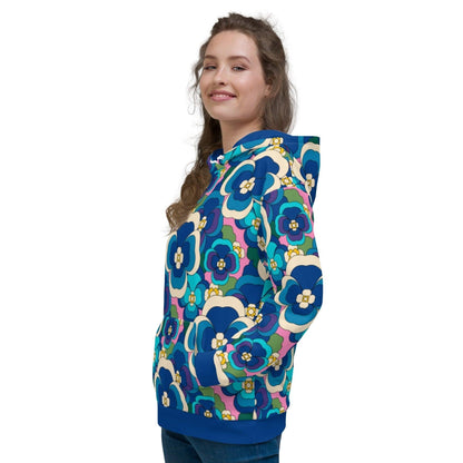 Hoodie - PANSY FANTASY blue pink - Retro pansy print