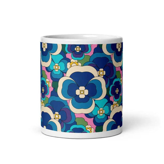 Mug - PANSY FANTASY blue pink - Retro pansy print 11oz