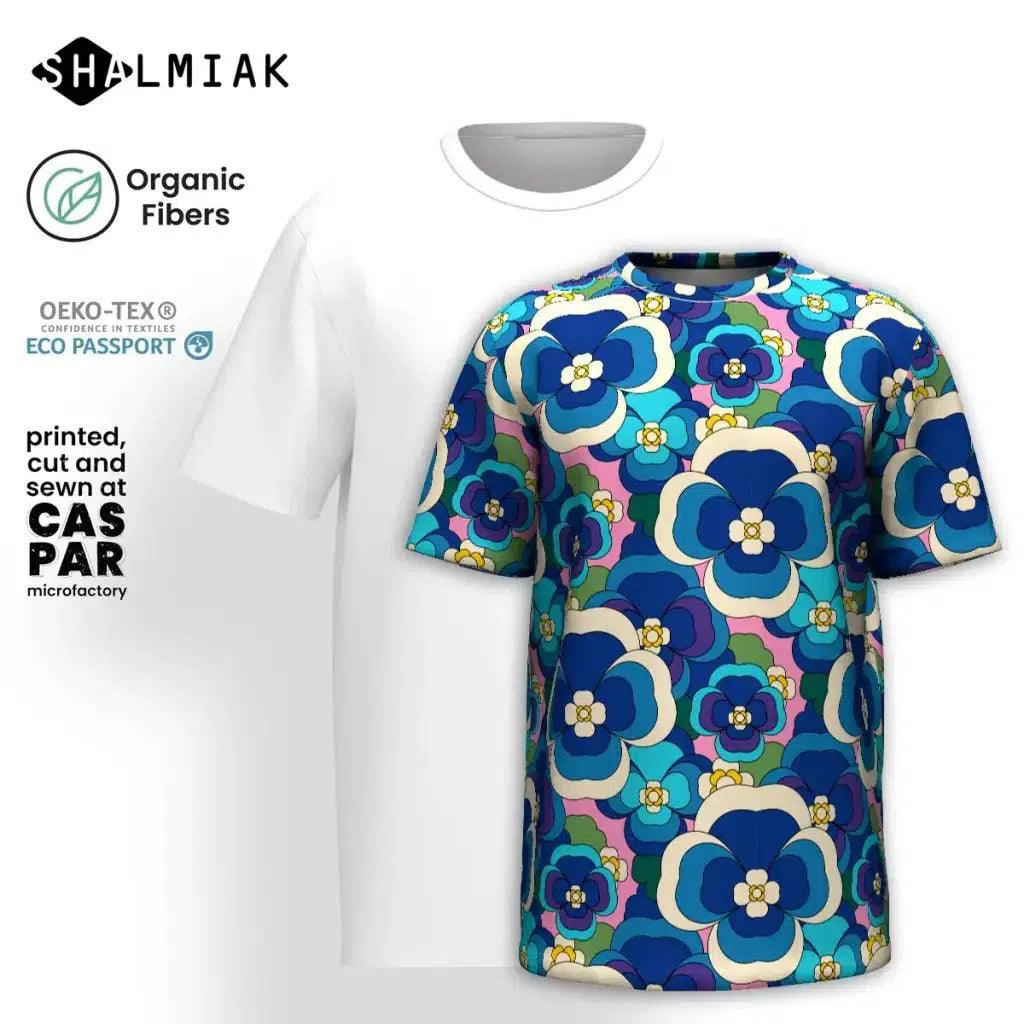 Organic cotton t-shirt - PANSY FANTASY blue pink - Retro pansy print