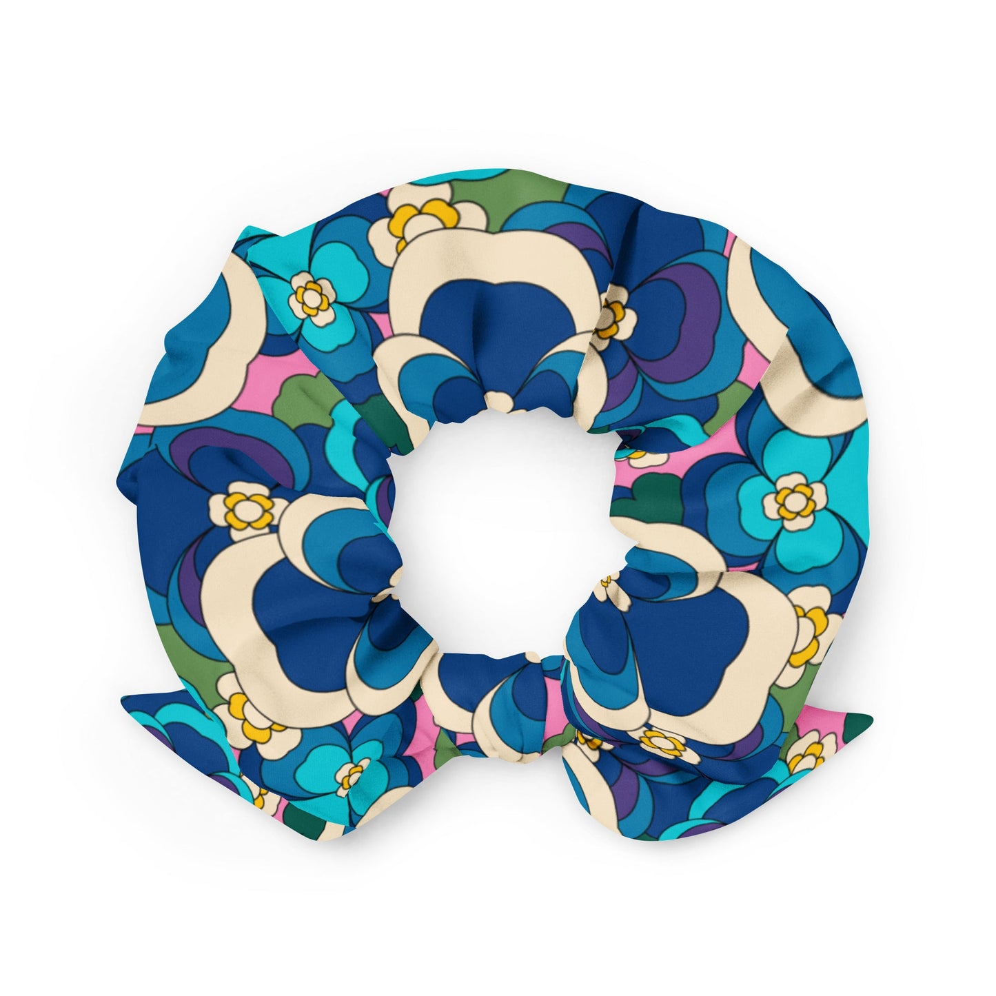 Scrunchie - PANSY FANTASY blue pink - Retro pansy print