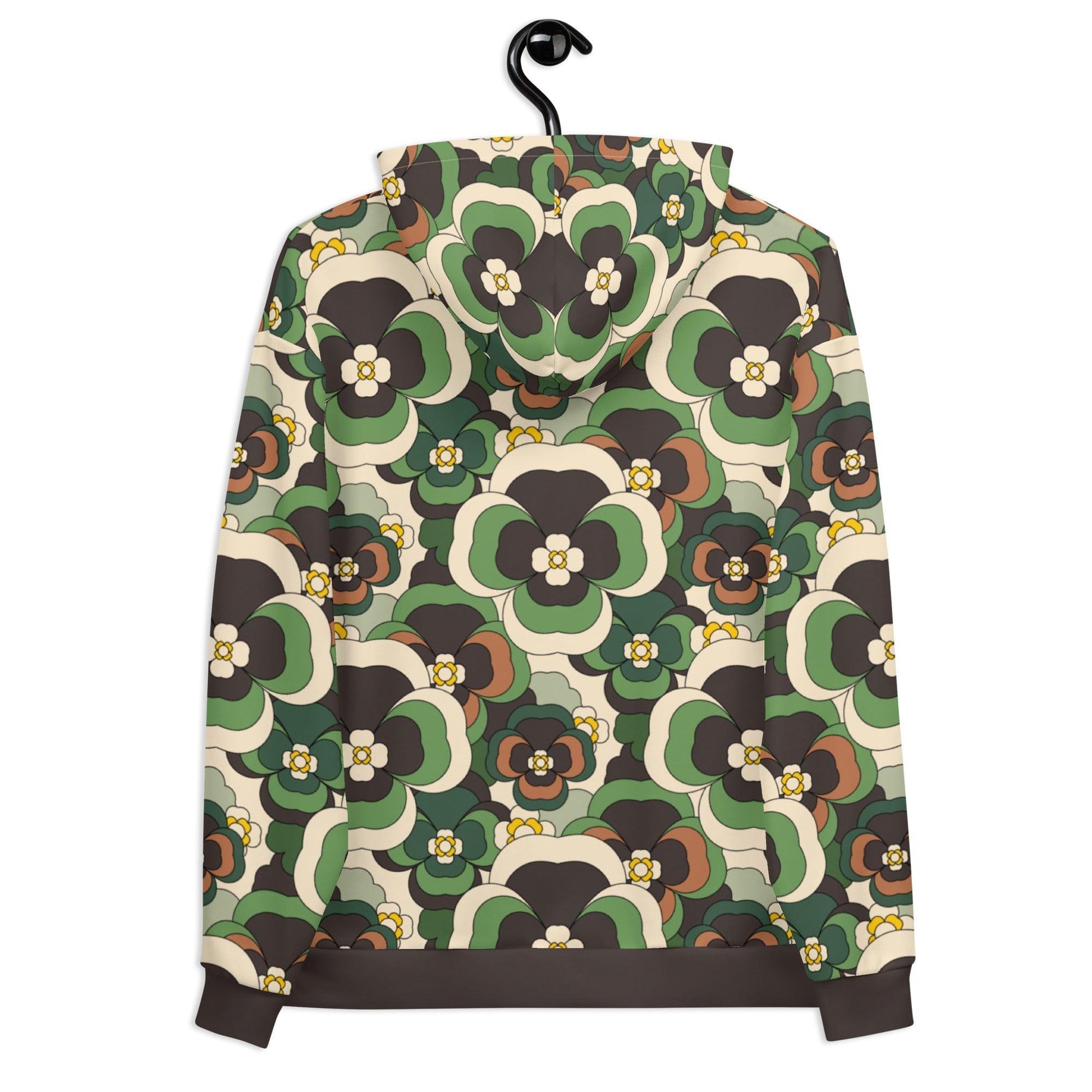 Hoodie - PANSY FANTASY green - Retro pansy print