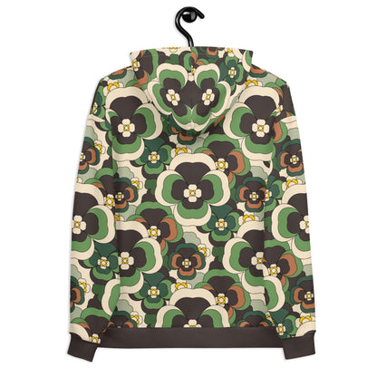 Hoodie - PANSY FANTASY green - Retro pansy print