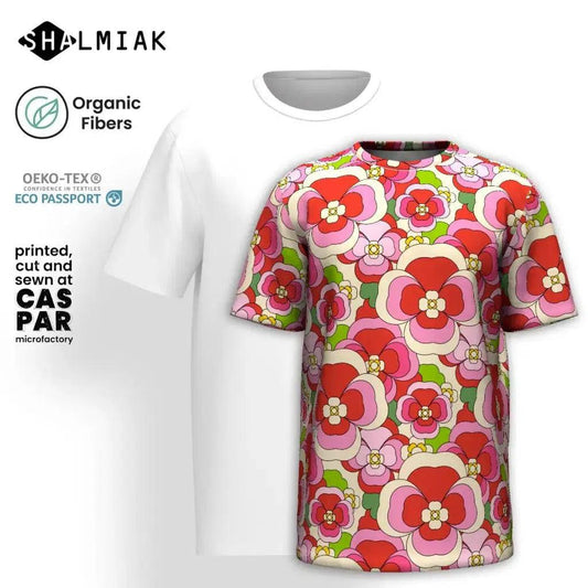Organic cotton t-shirt - PANSY FANTASY pink - Retro pansy print