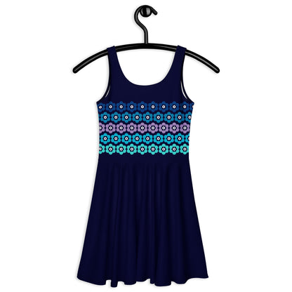 Skater dress - PEACOCK BLOOM mystic blue - Vibrant bloom stripe print