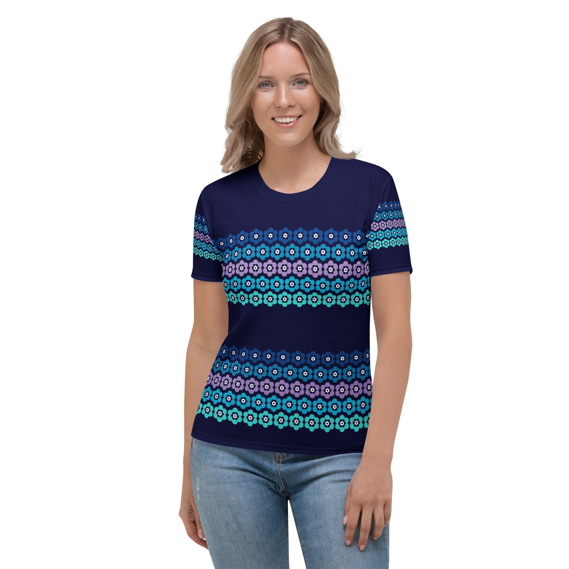 Woman's t-shirt - PEACOCK BLOOM mystic blue - Vibrant bloom stripe print