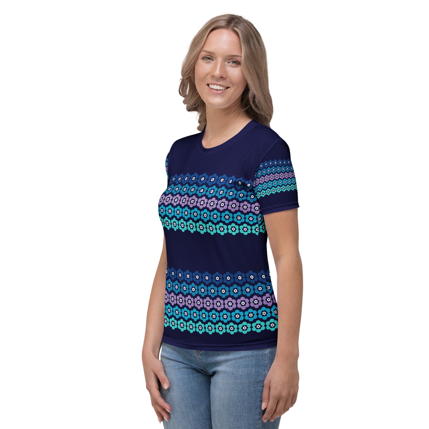 Woman's t-shirt - PEACOCK BLOOM mystic blue - Vibrant bloom stripe print