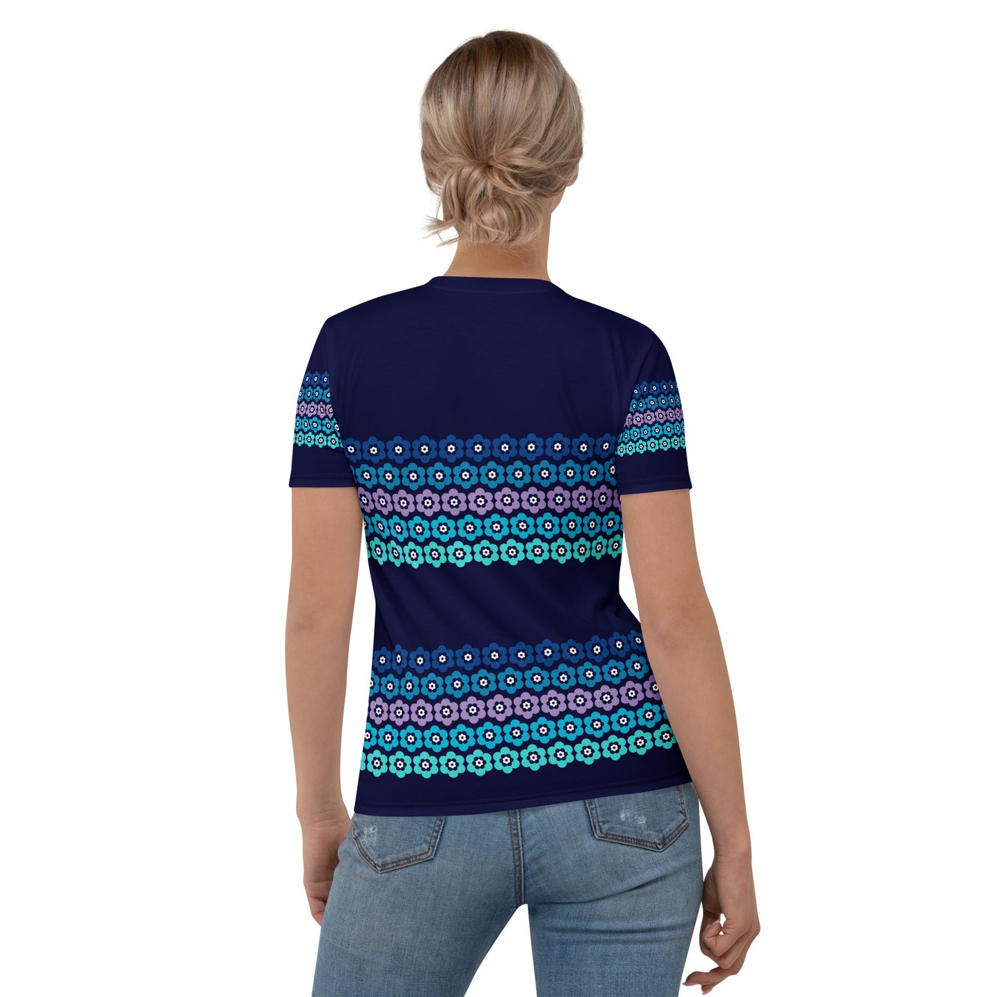 Woman's t-shirt - PEACOCK BLOOM mystic blue - Vibrant bloom stripe print