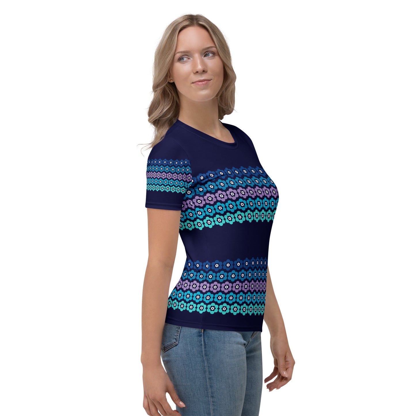 Woman's t-shirt - PEACOCK BLOOM mystic blue - Vibrant bloom stripe print