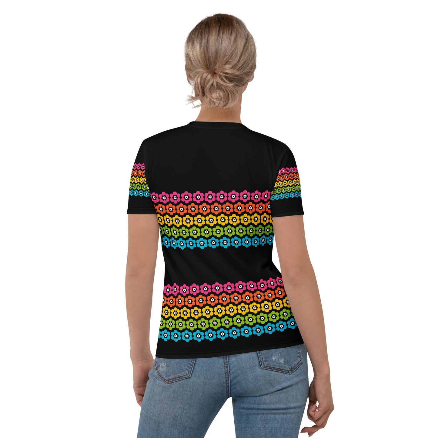 Woman's t-shirt - PEACOCK BLOOM rainbow - Vibrant bloom stripe print