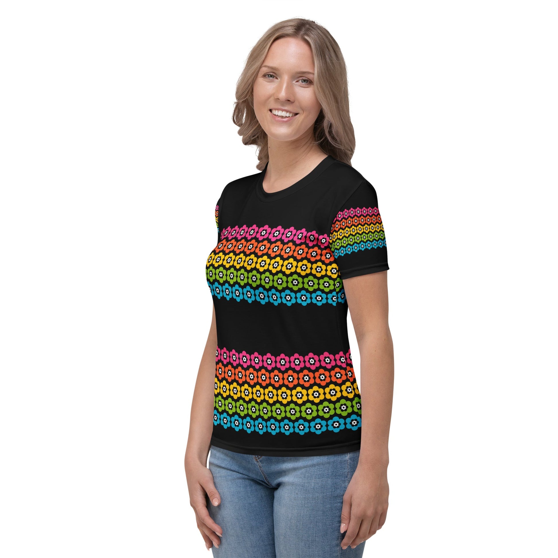Woman's t-shirt - PEACOCK BLOOM rainbow - Vibrant bloom stripe print