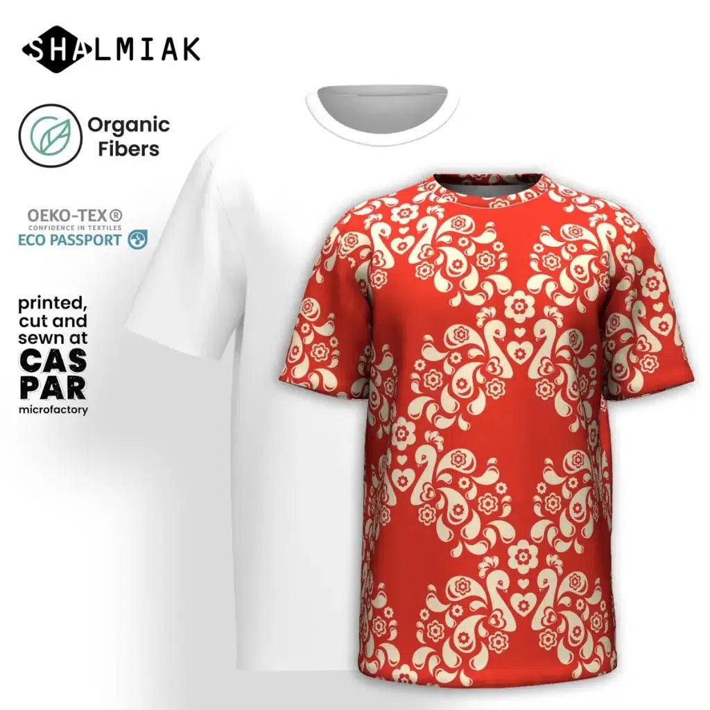Organic cotton t-shirt - PEACOCK LOVE red - Glorious peacock print