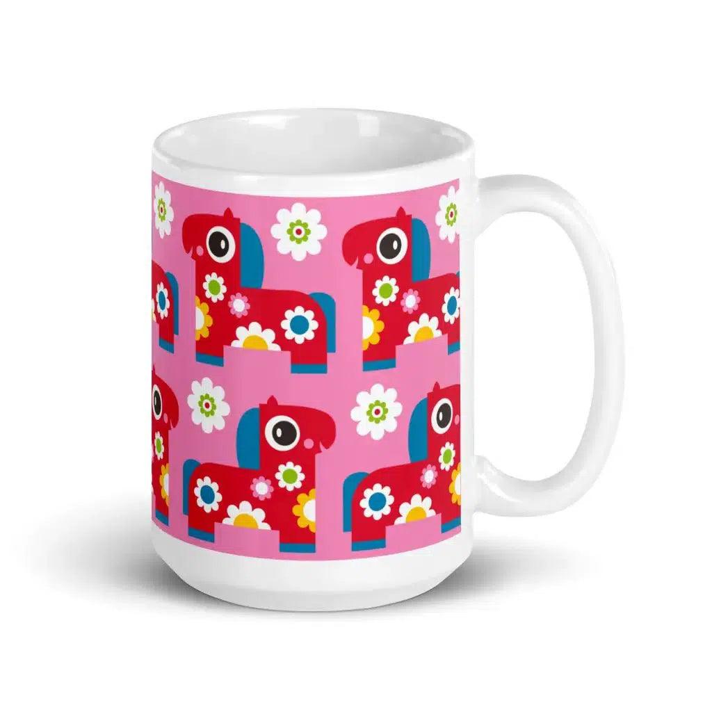 Mug - PONY BLOOM pink - Happy ponies and flowers print 15oz