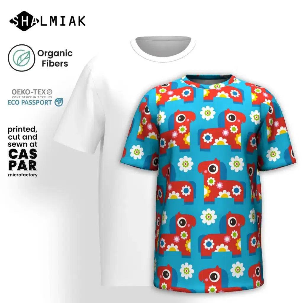 Organic cotton t-shirt - PONY BLOOM turquoise - Happy ponies and flowers print