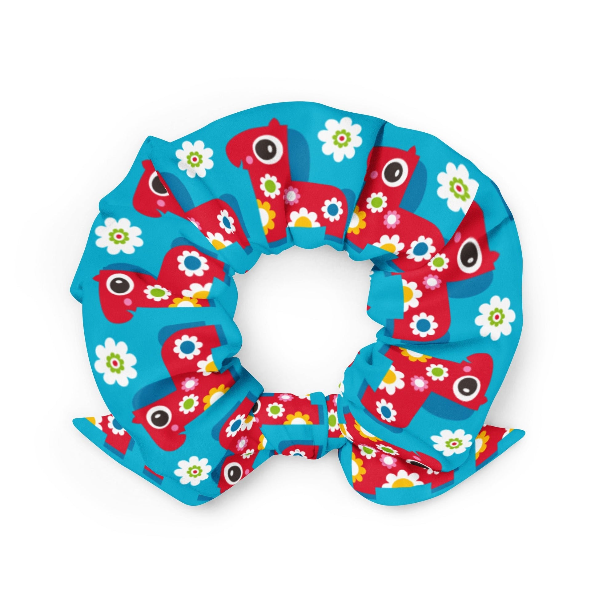Scrunchie - PONY BLOOM turquoise - Happy ponies and flowers print
