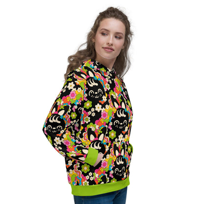 Hoodie - POPBUNNY black - Playful bunnies and flowers print