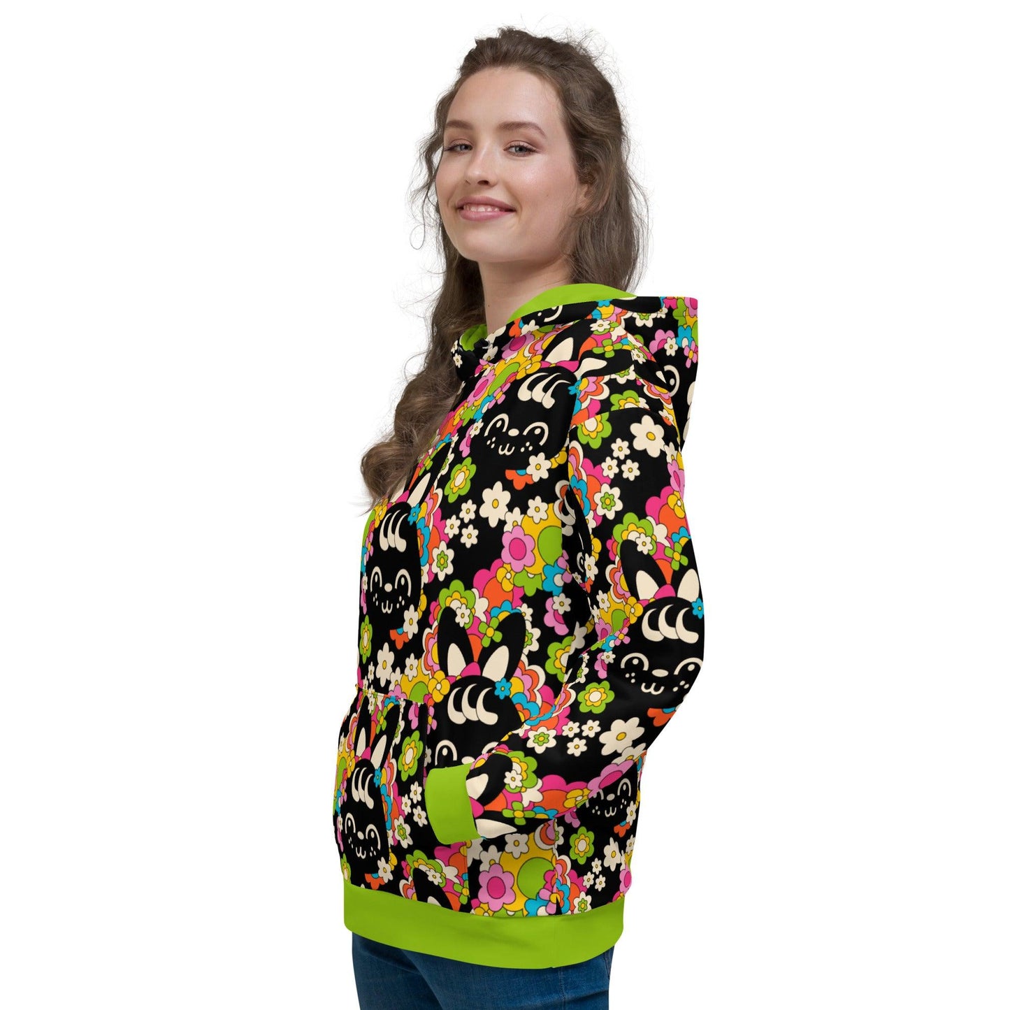Hoodie - POPBUNNY black - Playful bunnies and flowers print 6XL