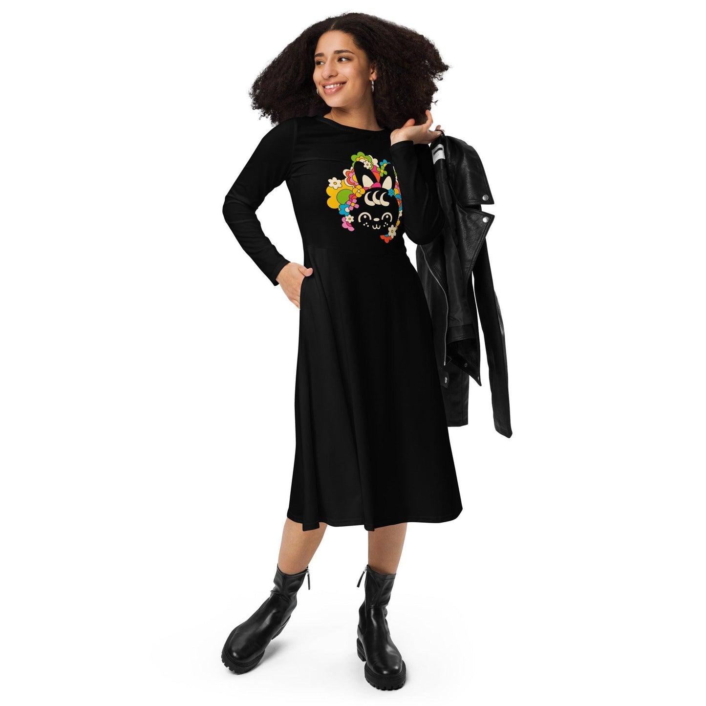 Midi dress - POPBUNNY black (bunny) - Playful bunnies and flowers print 6XL