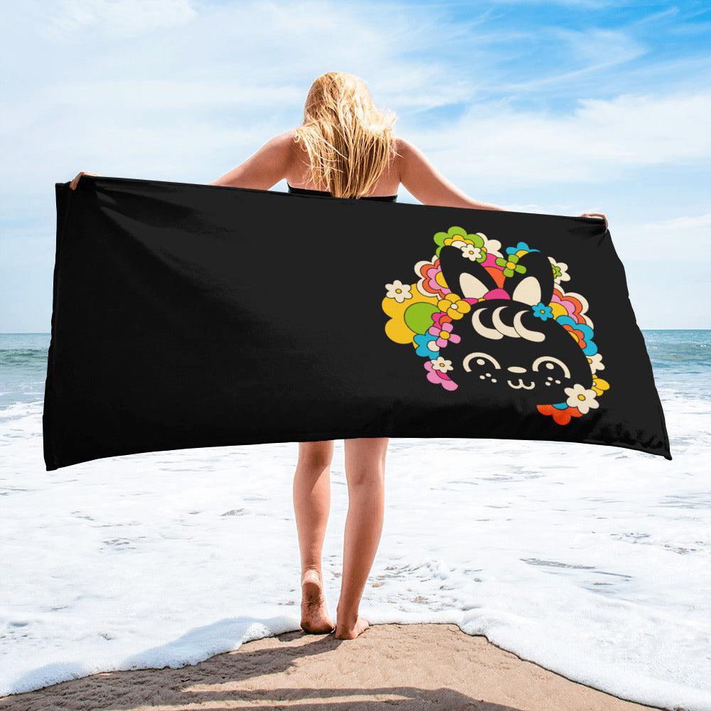 Towel - POPBUNNY black (just bunny) - Playful bunnies and flowers print Default Title