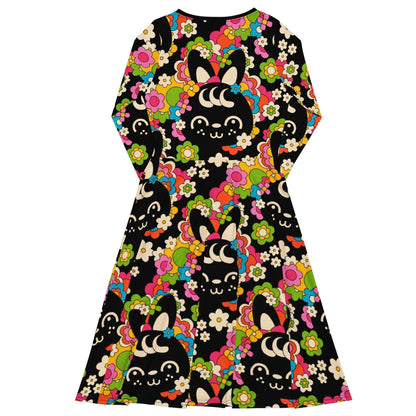 Midi dress - POPBUNNY black - Playful bunnies and flowers print