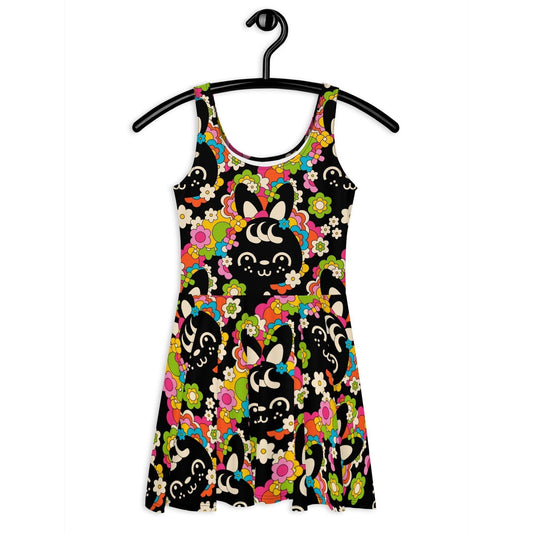 Skater dress - POPBUNNY black - Playful bunnies and flowers print 3XL
