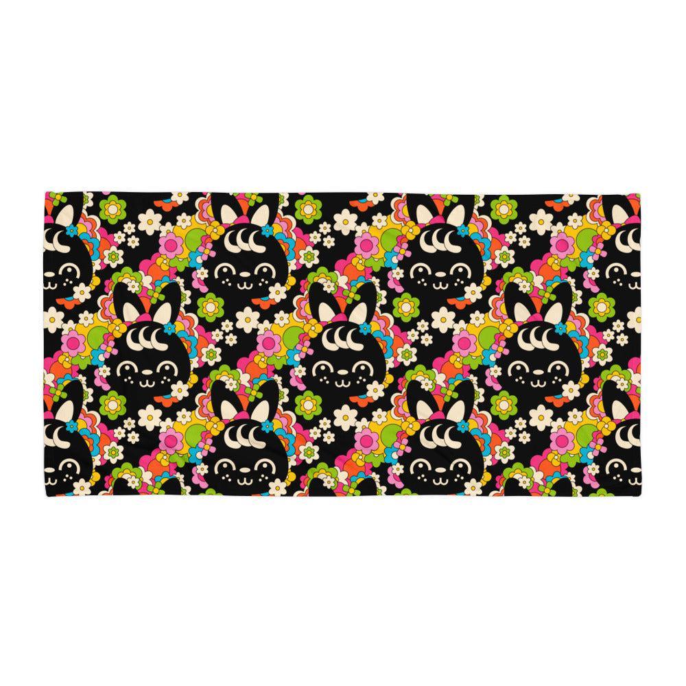 Towel - POPBUNNY black - Playful bunnies and flowers print