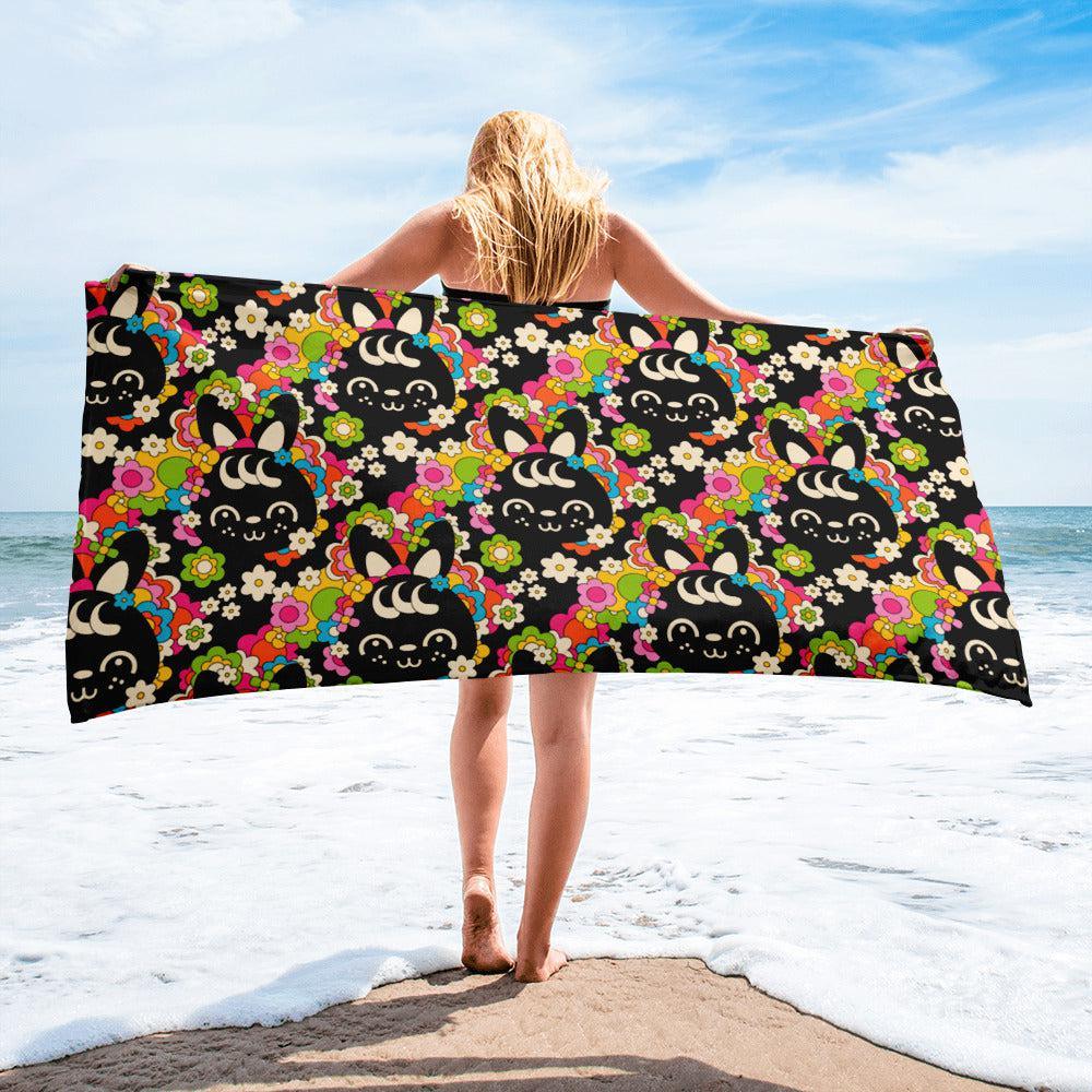 Towel - POPBUNNY black - Playful bunnies and flowers print Default Title